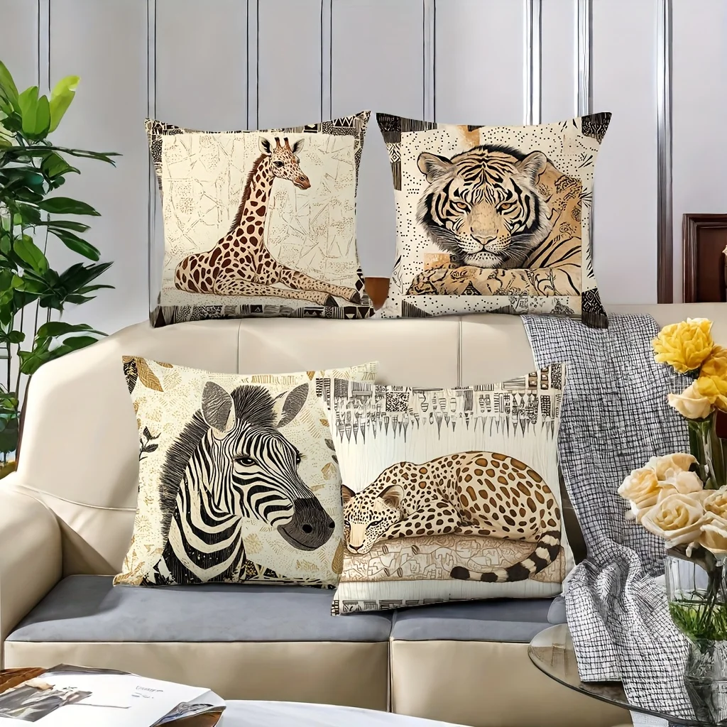 Safari Animals Print Throw Pillow Covers Set of 4 Jungle Wildlife Decorative Accent Cushion Home Decor Bedding