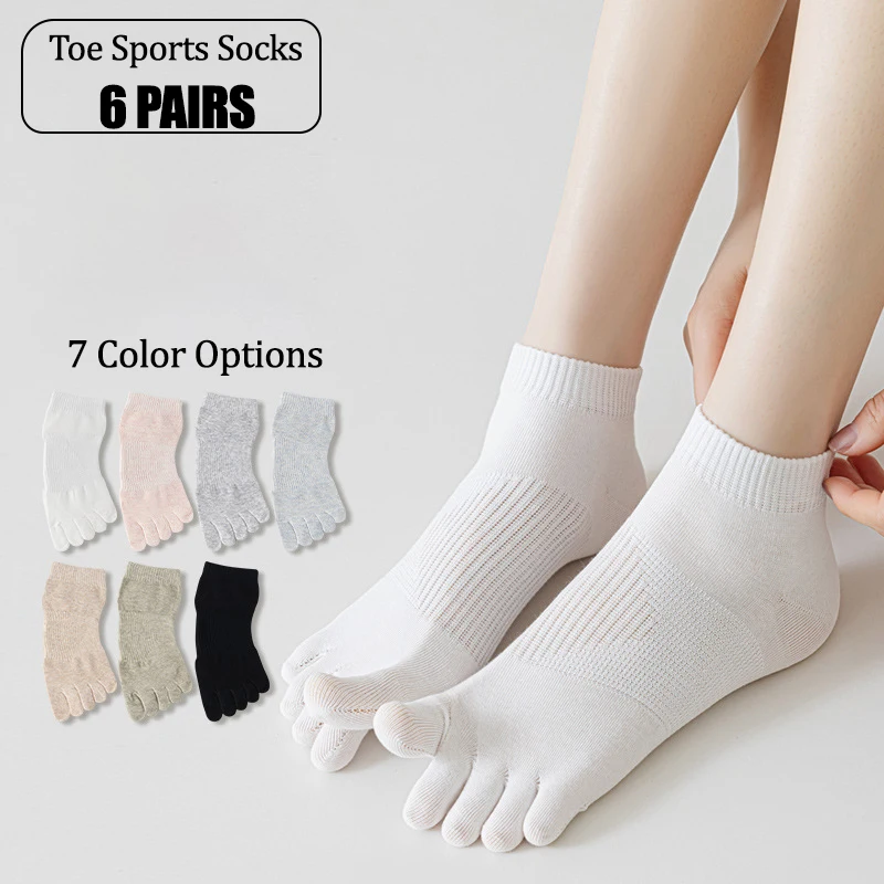 6 Pairs Women Toe Socks Summer Thin 100% Cotton Solid Color Antibacterial Deodorant Low-Cut Seamless Athletic Toe Separator Sock