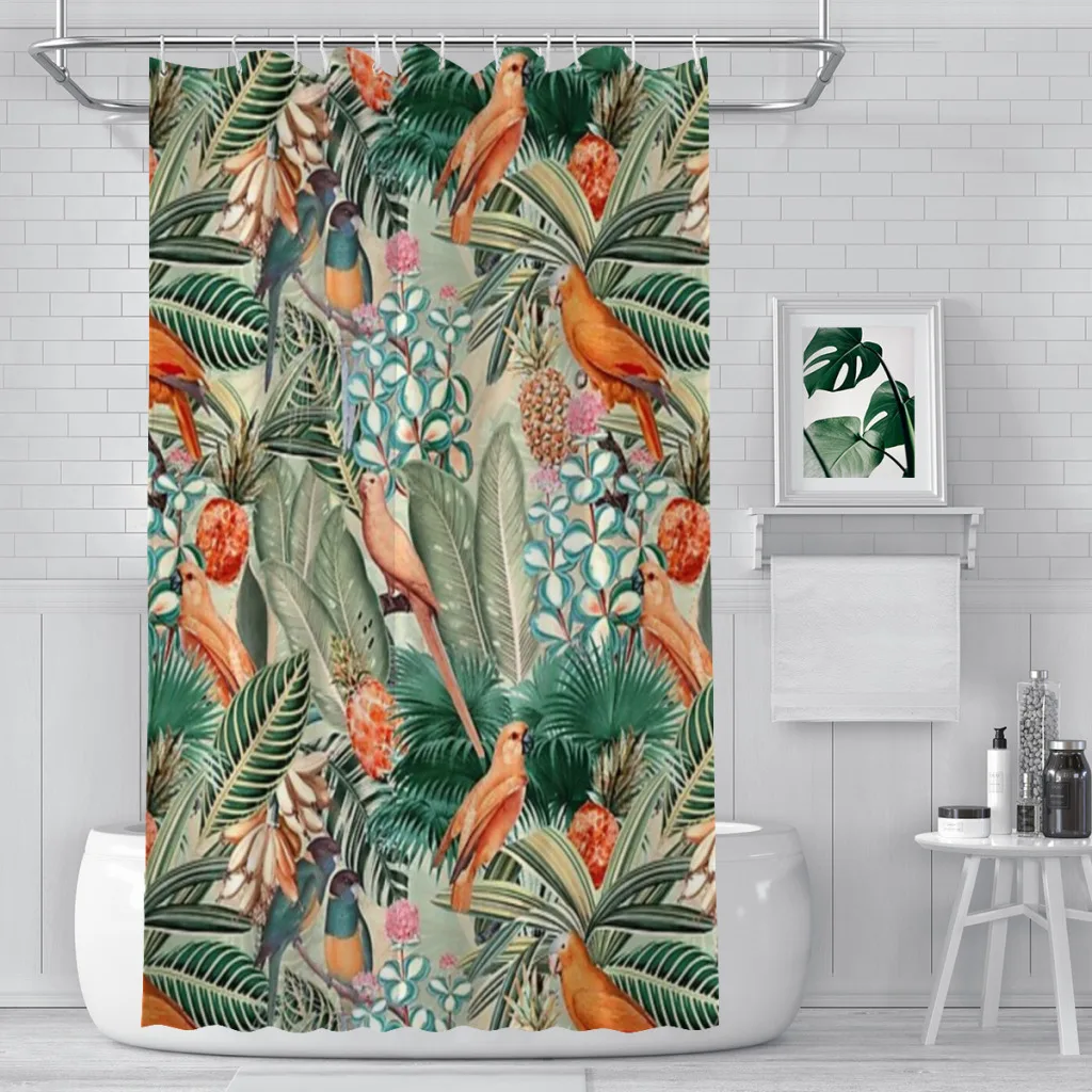 

Vintage Orange Tropical Bird Jungle Botanical Garden Unique decor Modern Fabric Bathroom Shower Curtains