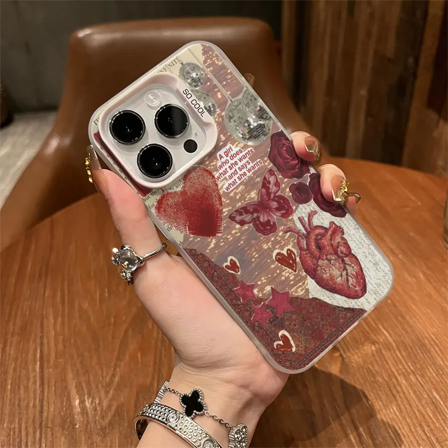 Telefono con impronta digitale cuore farfalla rossa per iPhone da 17 a 11 Pro Max Plus