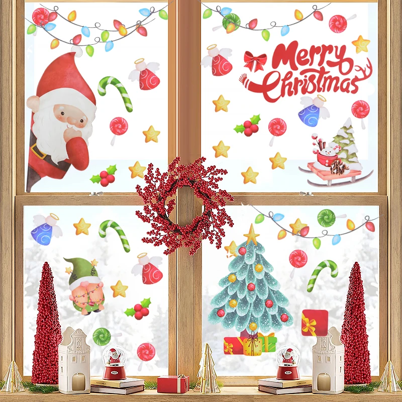 2024 Christmas Window Stickers Santa Claus Xmas Tree Cartoon Static Glass Decals Merry Christmas New Year 2025 Home Decorations