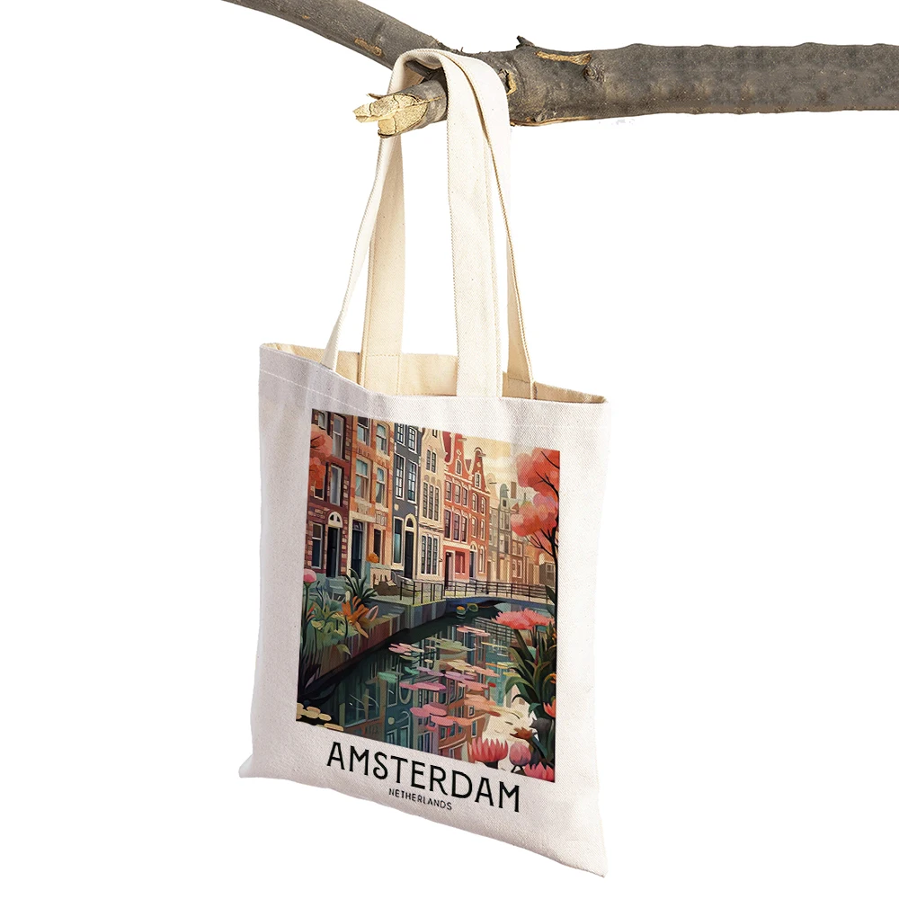 Vintage Lemon Landscape Shopper Bag Prague London Santorini Women Shopping Bags Double Print Linen Handbags Shoulder Lady Tote