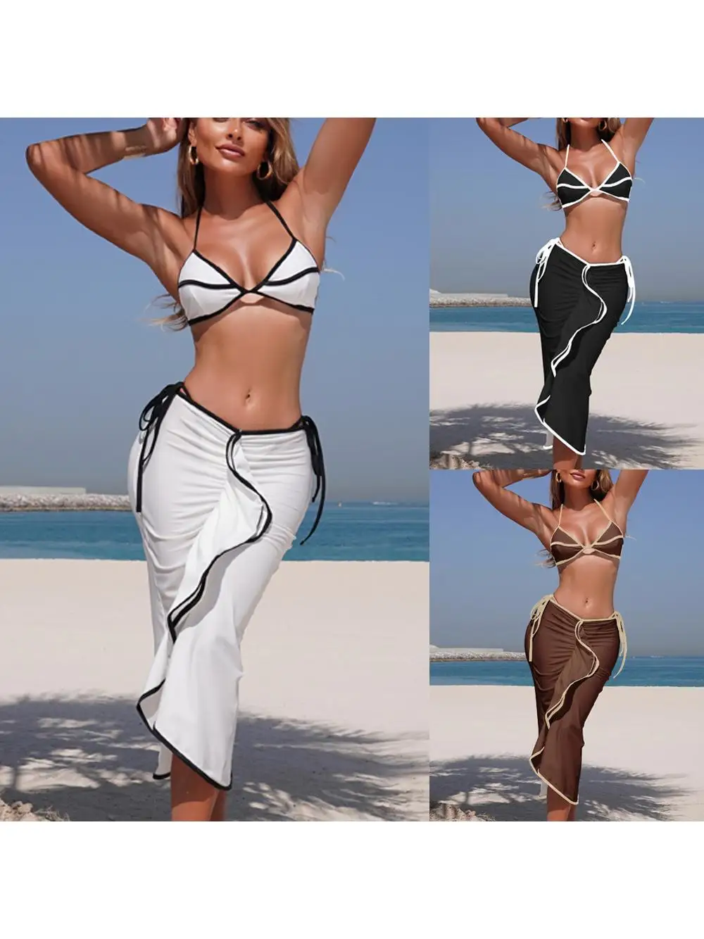 

Модный раздельный купальник с длинной юбкой и топом, с подкладкой на груди, без косточек, из полиэстера