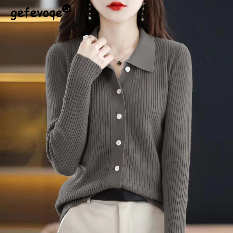 Autumn Winter 2022 New Polo Collar Slim Ladies Tops Fashion Casual Long Sleeve Chic Sweet Buttons Knitted Cardigan Sweater Women