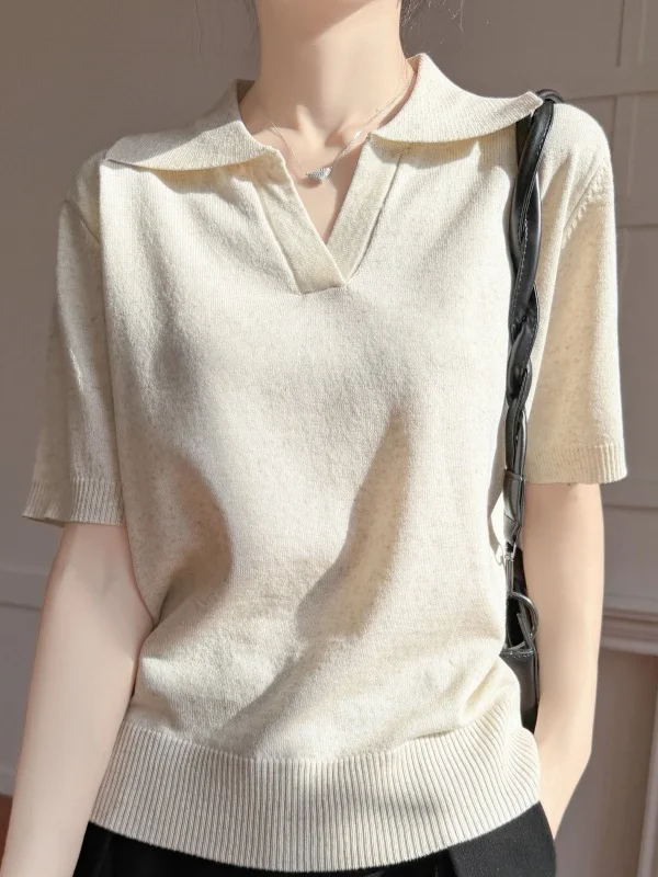 Laoqianfeng  Neck Silk Blend Short Sleeve Women's Loose Summer Versatile T-Shirt Knitwear Thin Casual Match All