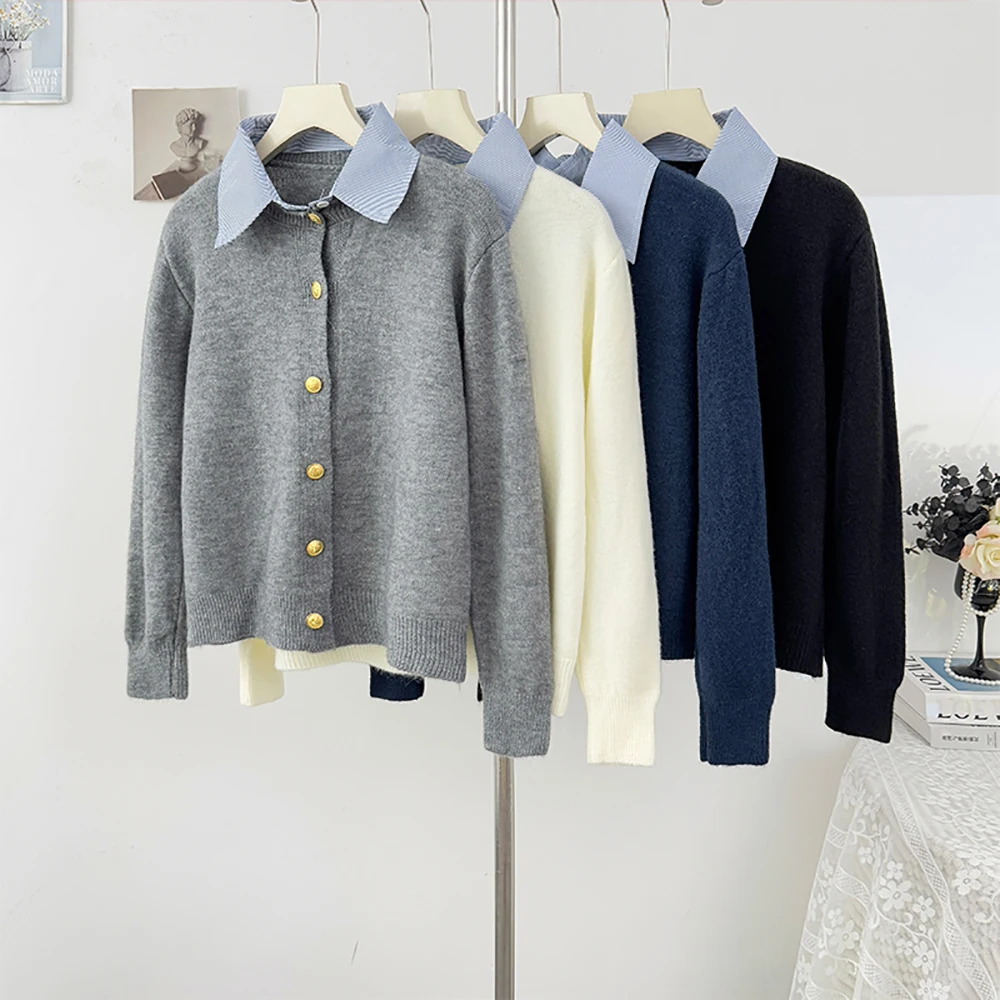 

Fake Two Pieces Spliced Sweater Cardigans Korean Turn Down Collar Gold Buttons Single Breasted Knit Outerwears Casual Sweaters
