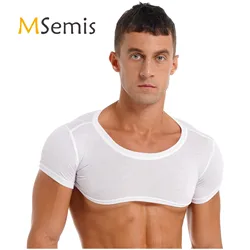 Mens Round Neck T-Shirt Casual Solid Color Gym Tops Male Clothing Short Sleeve Crop Top Rave Party Outfit Clubwear