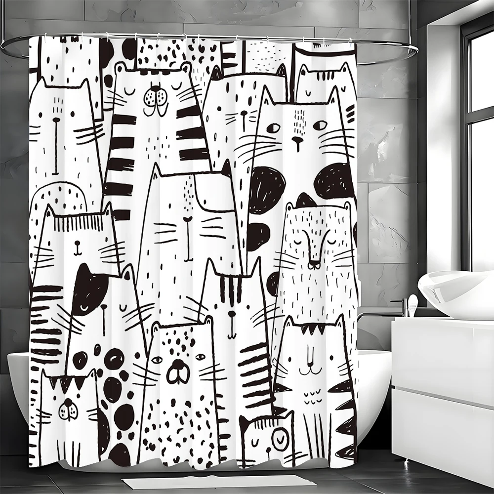 

Black Line Quirky Cat Shower Curtain, Bathroom Decorative Shower Curtain, Waterproof Shower Curtain with Hooks