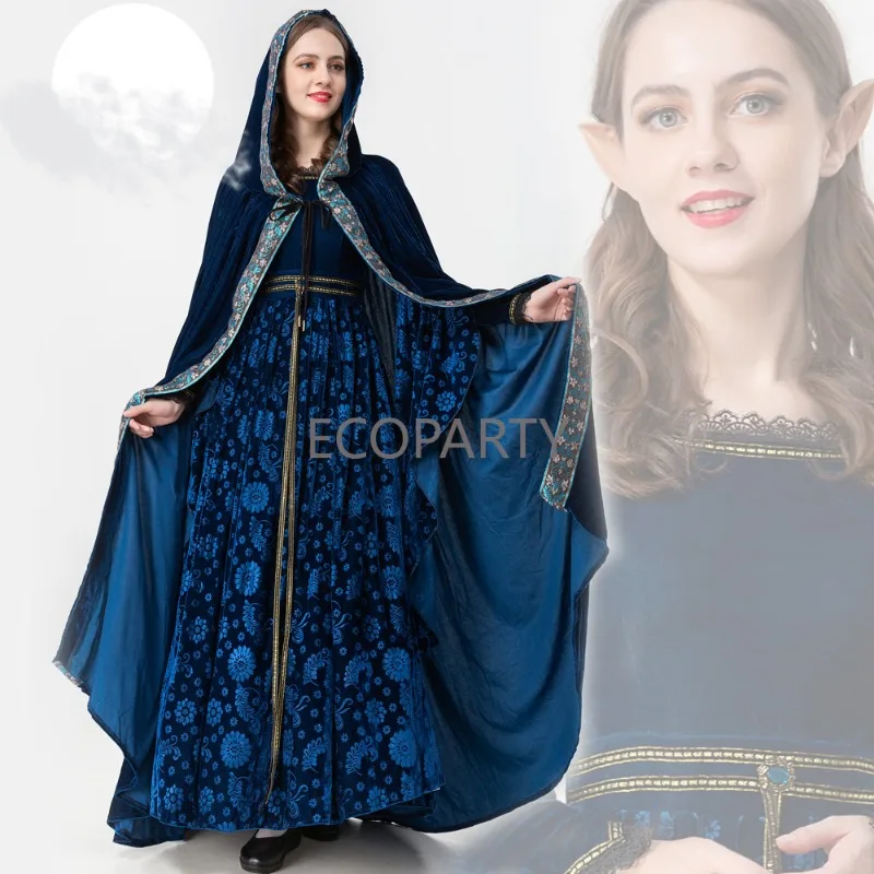 Medieval Retro Elf Charmed Cosplay Costume Women Victorian Floral Print Celtic Flared Sleeves Dress Halloween Witch Robe Outfits