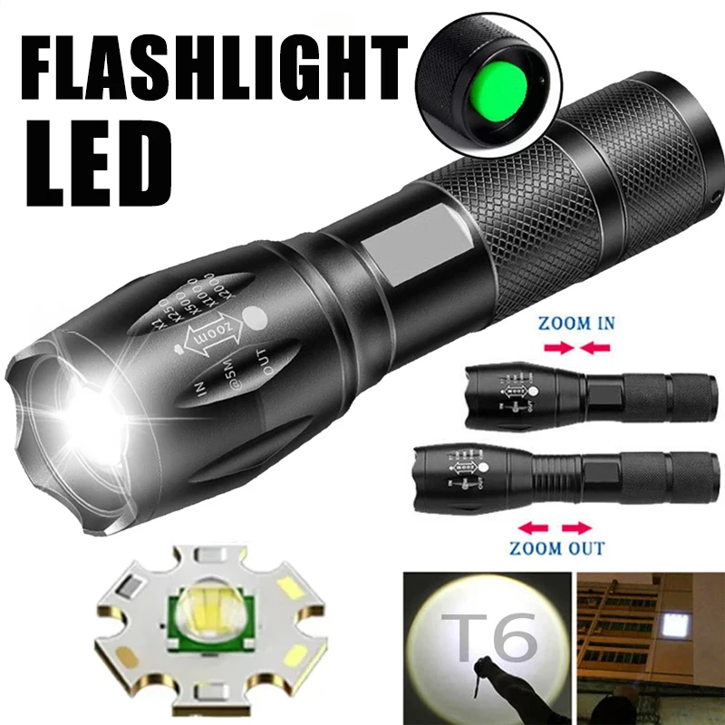 T6 Strong LED Flashlight Aluminum Alloy Zoom Tactical Flashlight 5modes Outdoor Adventure Mountaineering Hunting Searchlight