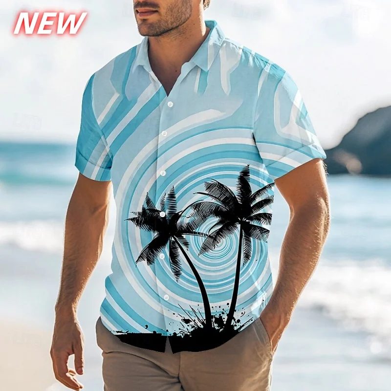 

Coconut Tree Pattern Hawaiian Shirt Men Gradient 3D Printed Short Sleeve Blouse Casual Vacation Beach Button Loose Aloha Shirts