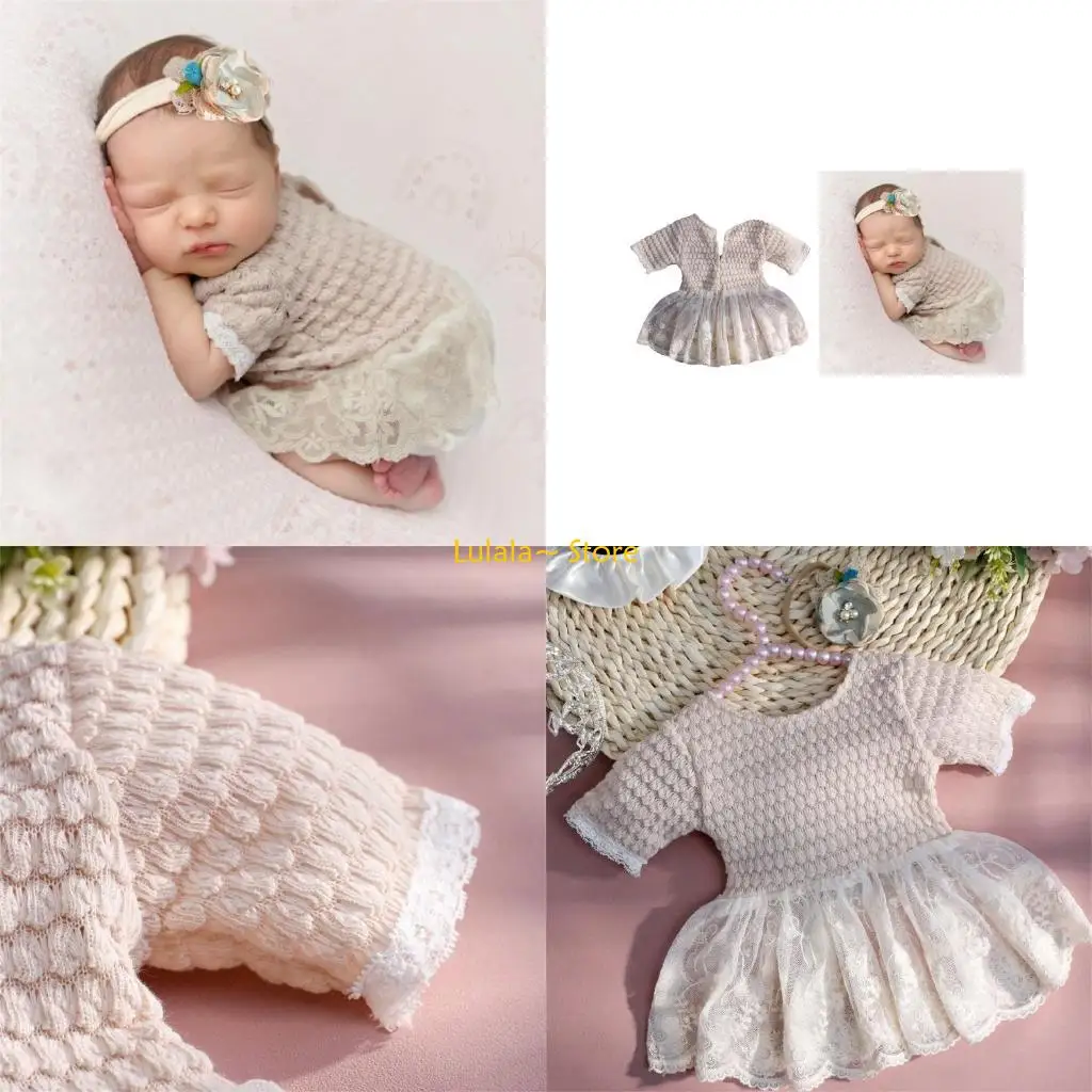 

Y4QA Newborns Photography Costume Clothing Lace Dress Hairband Outfit Infant Supply