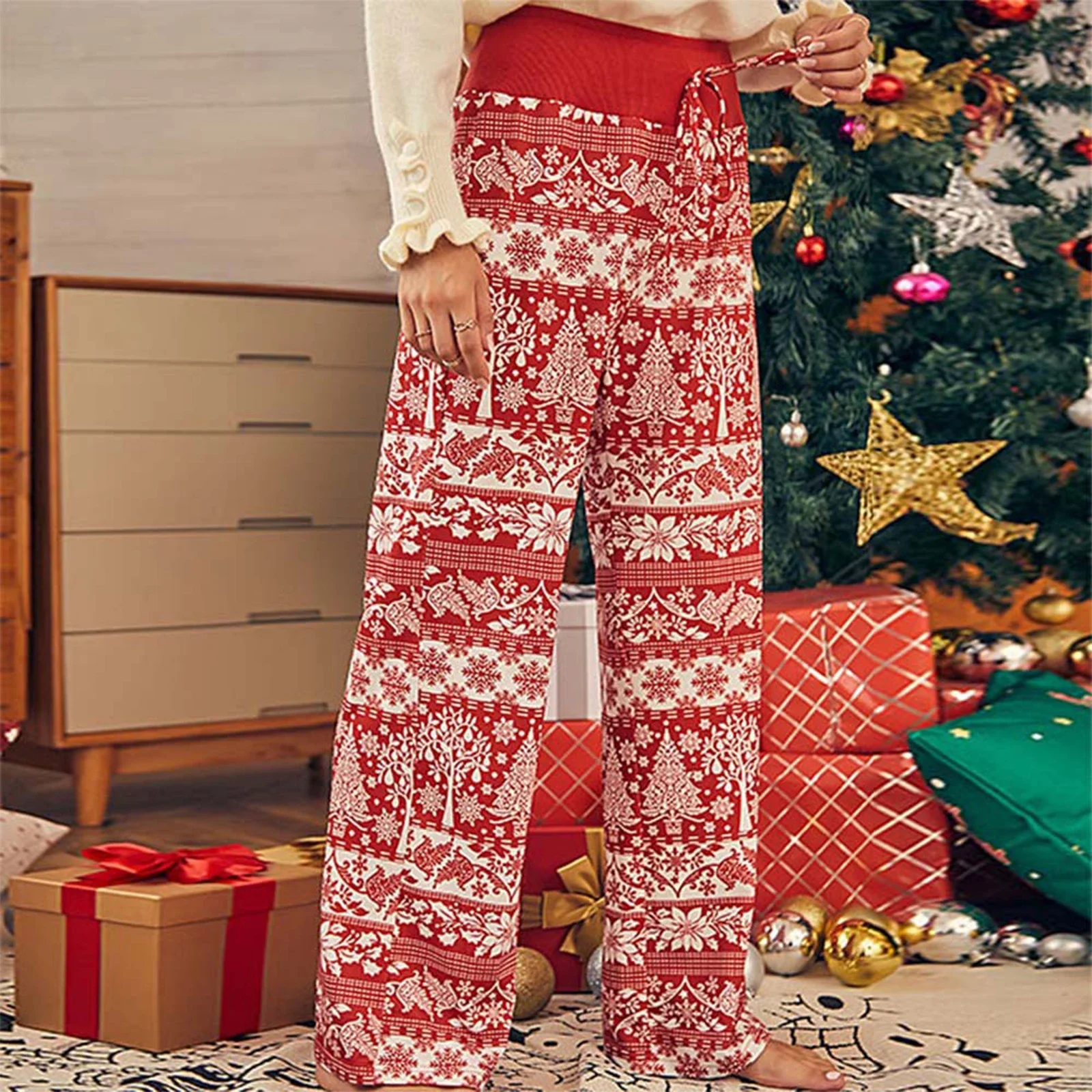 Women’s Christmas Pajama Pants Elastic High Waist Wide Leg Lounge Pants Drawstring Trousers