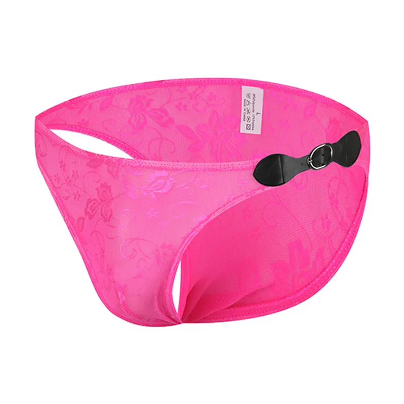 Men's Underwear Sissy Panties Lace See Through LingerieBikini Sexy Soft Jacquard Briefs With Leather Waist Button Underpants