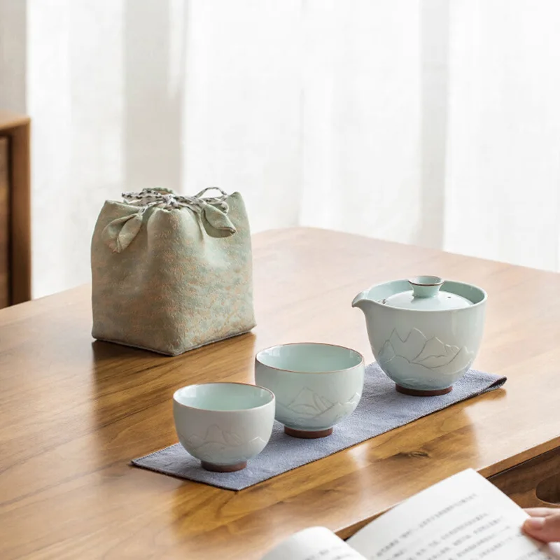 

Chinese Porcelain Relief Ceramic Tea Set Tea Pot Gaiwan Kung Fu Cha Teacup Outdoor Portable Camping Travel Tea Ceremony Set Gift