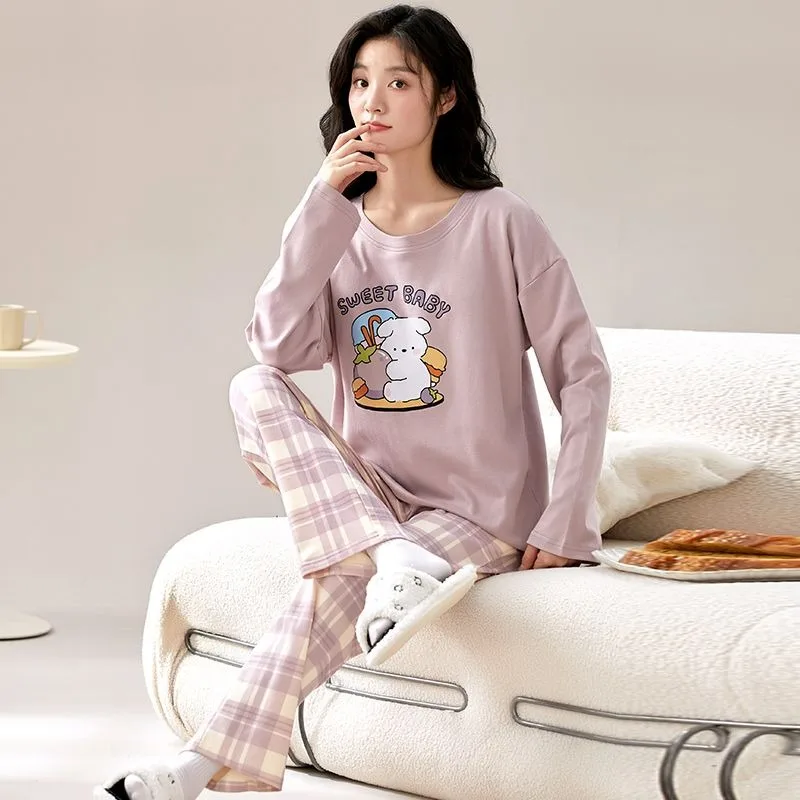 Round Neck Pajamas Set Student Spring Autumn Long Sleeve Sweet Cartoon Homewear Suit Large Size Casual Women's Sleepwear 2024