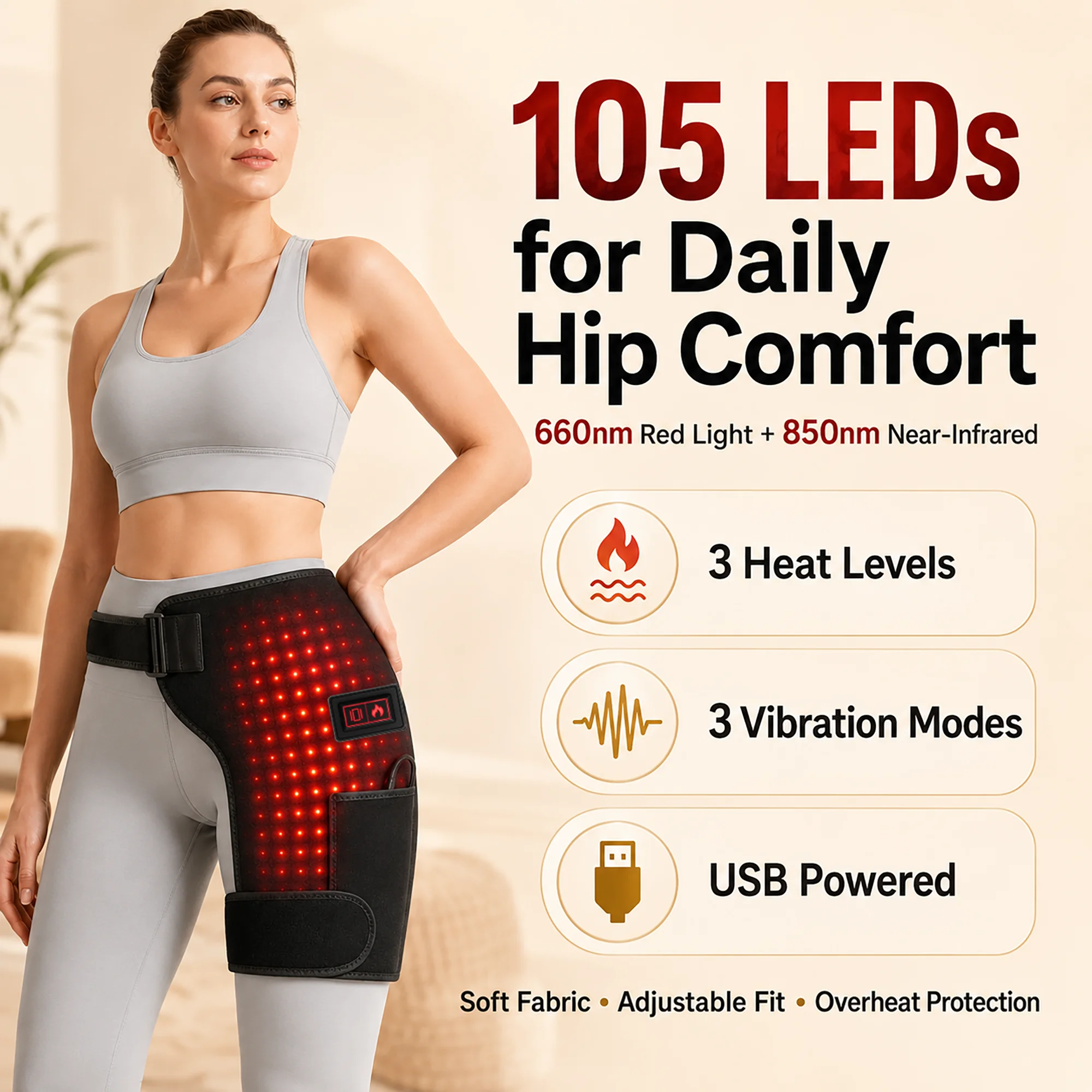 Red Light Hip Heating Pad USB Powered Heated Hip Wrap 3 Heat Levels 3 Massage Modes Adjustable Hip Thigh Belt Wearable Wrap