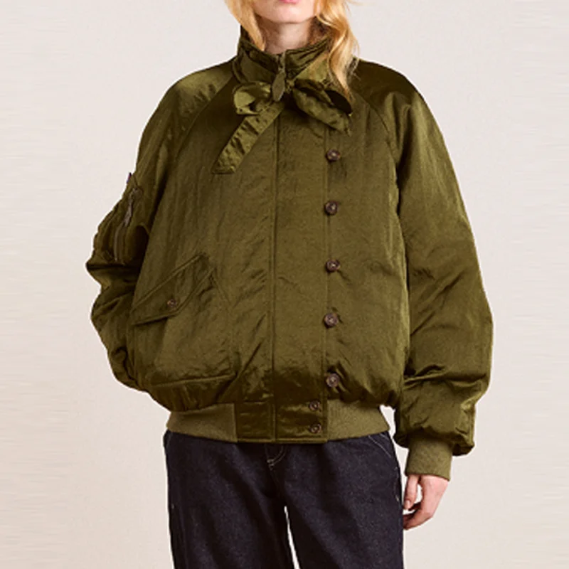 

Retro Chic Warm Jacket Bow Buttons Elegant Fashionable Short Coat Thick Casual Loose 2025 Autumn Trendy Y2k Women's Street Wear