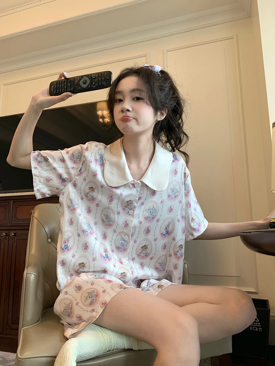 Summer New Ice Silk pajamas Doll neck button up top Skincare Comfortable Home Fury Women's Cute Rabbit Short Sleeve Pajama Set