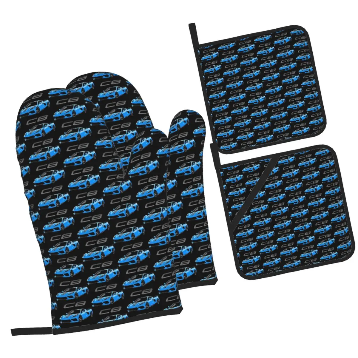 Blue Chevy Corvette C8 Mid Engine Oven Mitts and Pot Holder Sets of 4 for Baking Kitchen Cooking Grilling Resistant Gloves