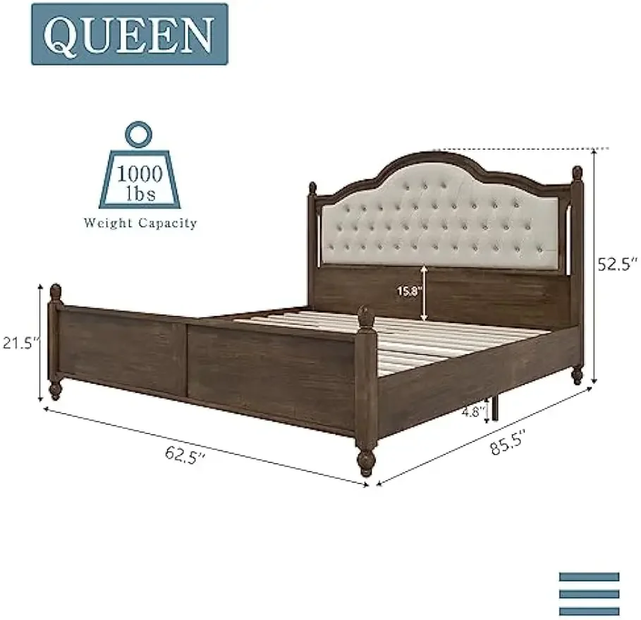 Queen Size Houten Bedframe Met Gestoffeerd Hoofdeinde, Massief Houten Plateaubed Met Linnen Getuft, Geen Boxspring Nodig