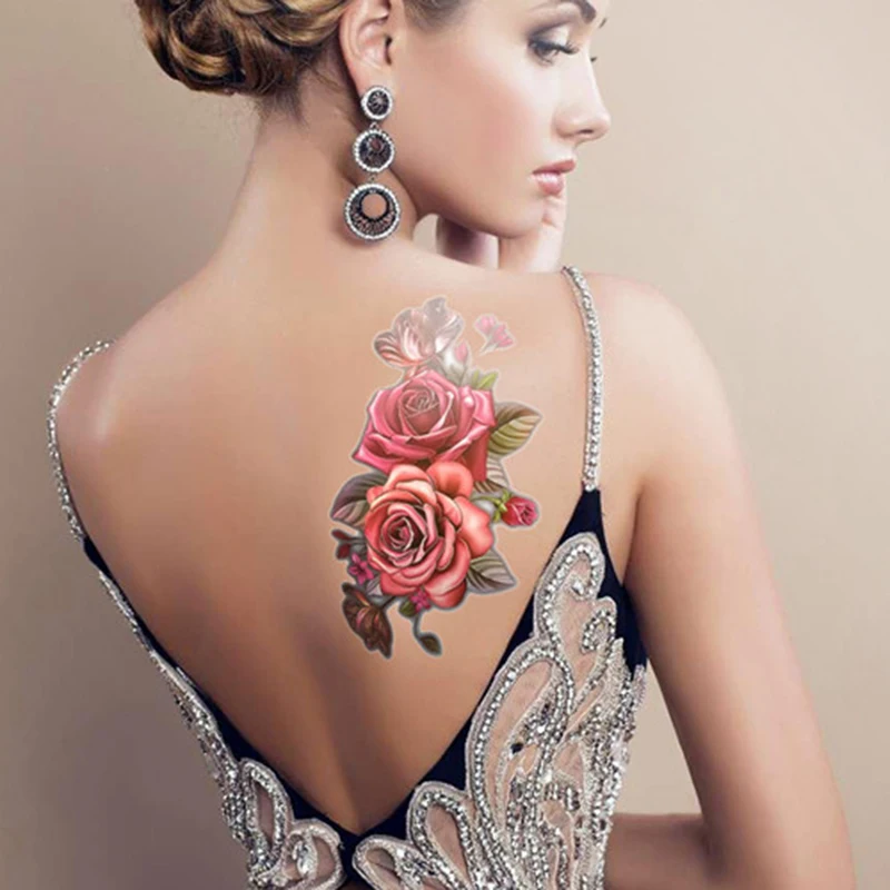 Tatuajes Temporales falsos para mujer, pegatinas de maquillaje de belleza de 1 piezas, flores rosas, tatuaje de brazo y hombro, tatuaje Flash grande impermeable para el cuerpo