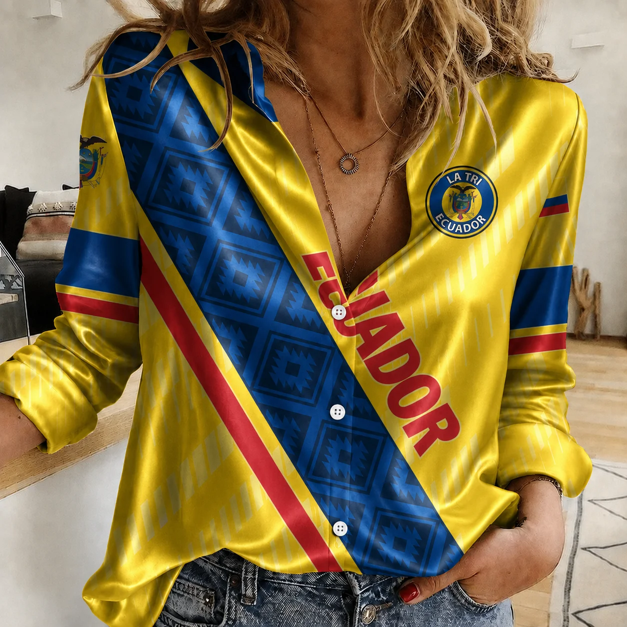2026 Ecuadorian Print Fashion Long-Sleeved Collared Shirt, New Spring/Autumn Style, Women's Satin Light Luxury Shirt
