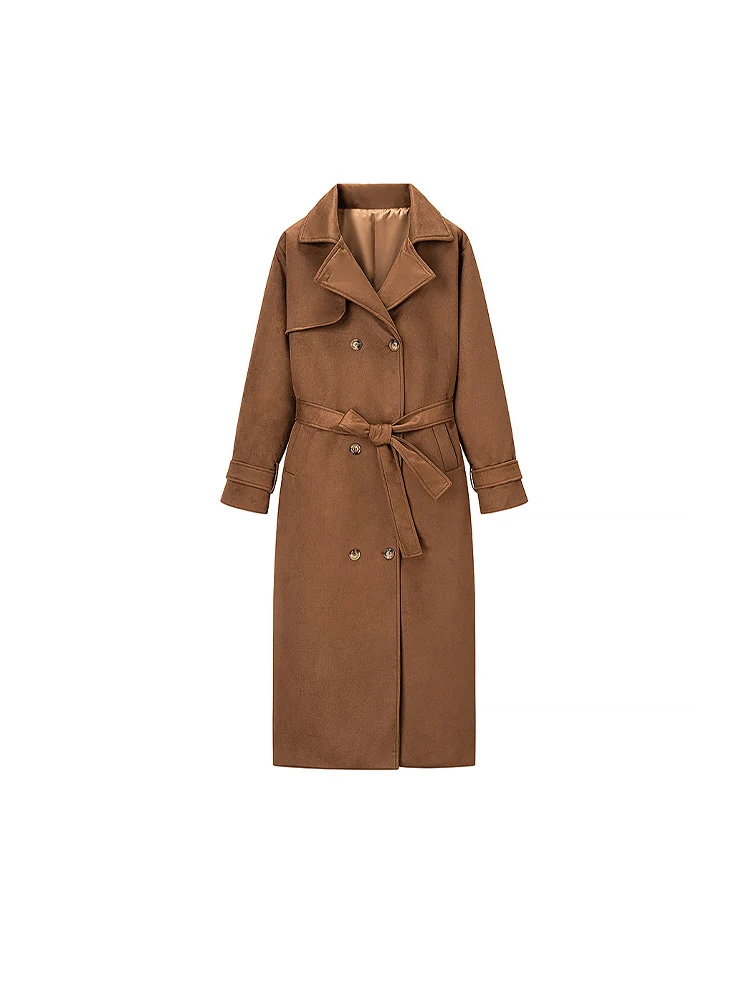 

Осеннее новое женское модное базовое ретро-искусственное замшевое двубортное длинное пальто с поясом в европейском и американском стиле