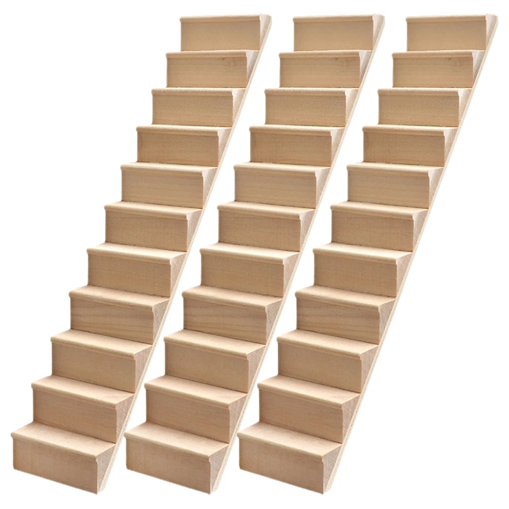 3 Stück Miniatur-Treppen im Maßstab 1:12, Holztreppe, Puppenhausmöbel, unbemalt, vormontierte Stufen ohne Handlauf, DIY Mini