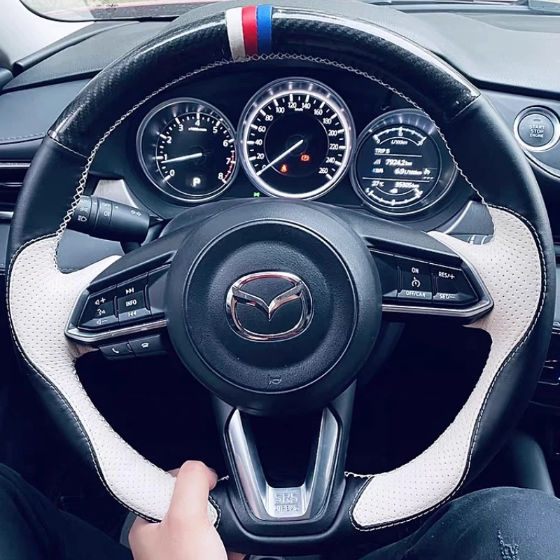 Hand-Stitched Anti-Slip Black White Genuine Leather Car Steering Wheel Cover for Mazda 3 Axela CX3 CX-5 CX5 2017 2018
