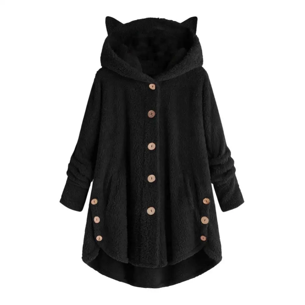 Cat's Ears Women Hoodie Plus Warm Hooded Sweatshirt Cute Winter Cute Ears Hooded Irregular Hem Buttons Jacket Fleece Coat