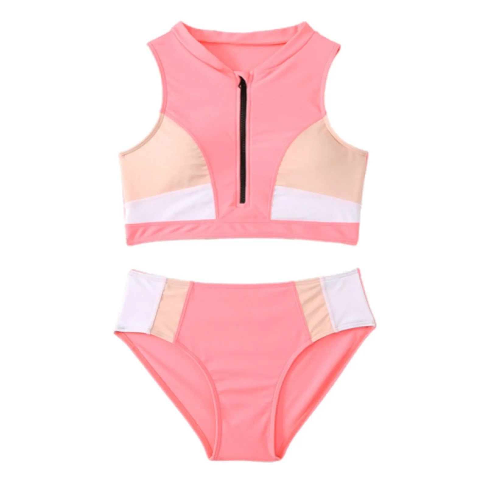 Summer Female Swimwear High Waisted Bikini Color Block Zipper Front Bikini Set Bathing Suits Sport Bra Tankinis Sets купальник