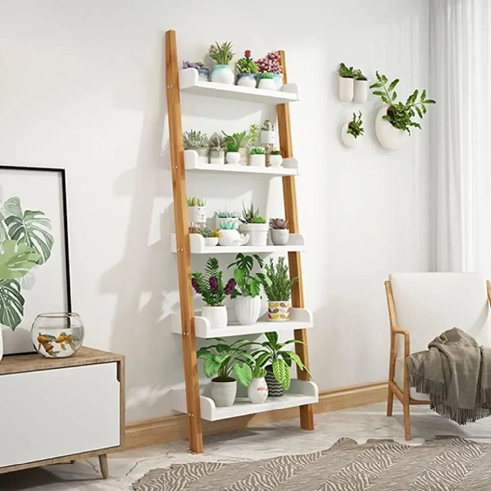 Plants Stand Wall Ladder Shelf for Living Room Corner, Balcony & Bedroom - Modern Leaning Shelf Bookshelf with Fence