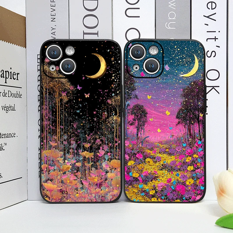 

Stylish Moon Butterfly Flower Printed Phone Case for iPhone 17 16 12 11 14 7 8Plus 13 14 15 Pro Max Mini XR XS Floral Soft Cover
