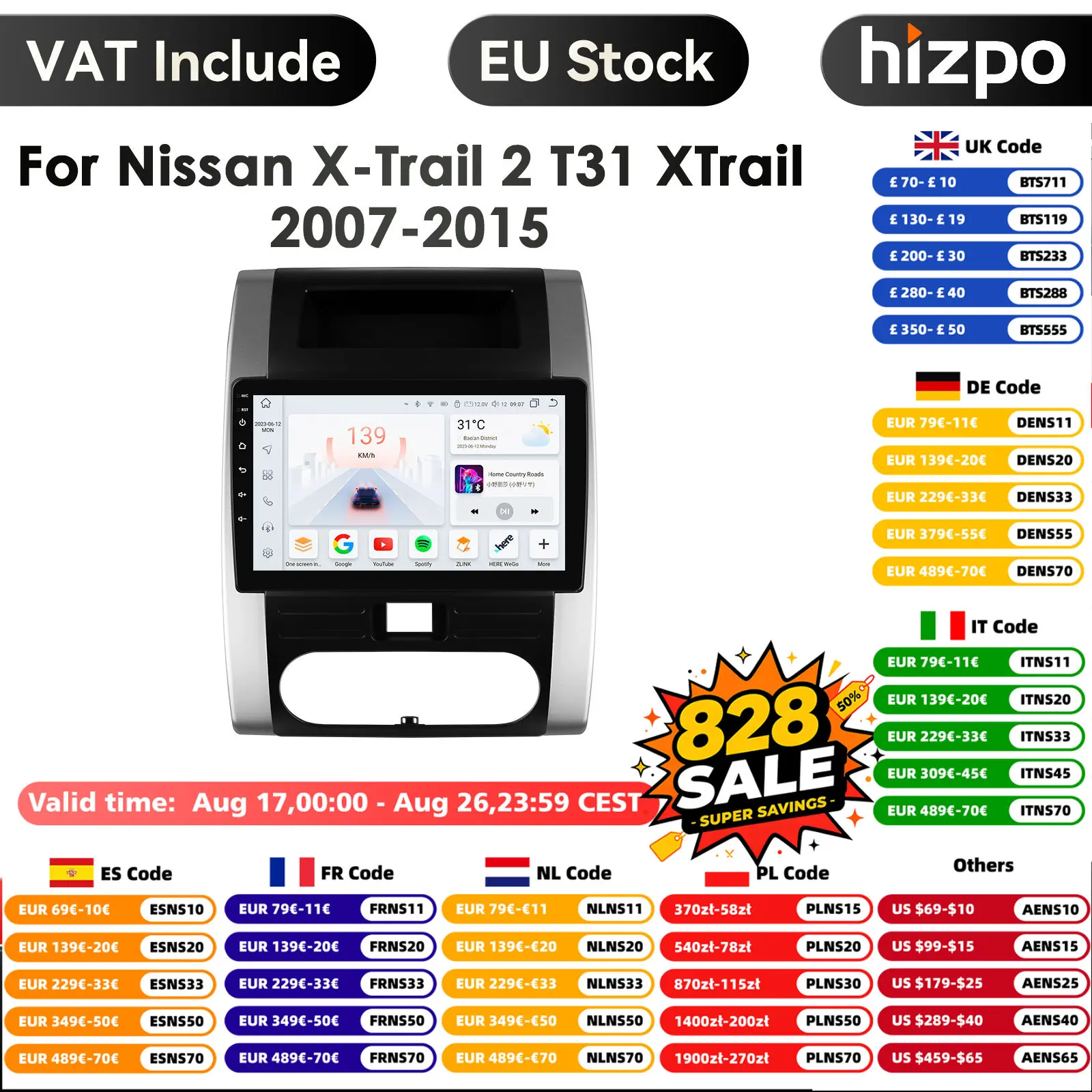 Hizpo-Autoradio Android avec Écran Intelligent, GPS, Carplay, WiFi 4G, Nissan X-Trail T31 X-Trail 10.1-7862, 2007, 2015
