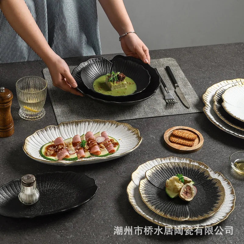 Phnom Penh Pearl White Frosted Ceramic Dinner Plate Black Bowl Wear-resistant Western Dishes Hotel High-end Tableware