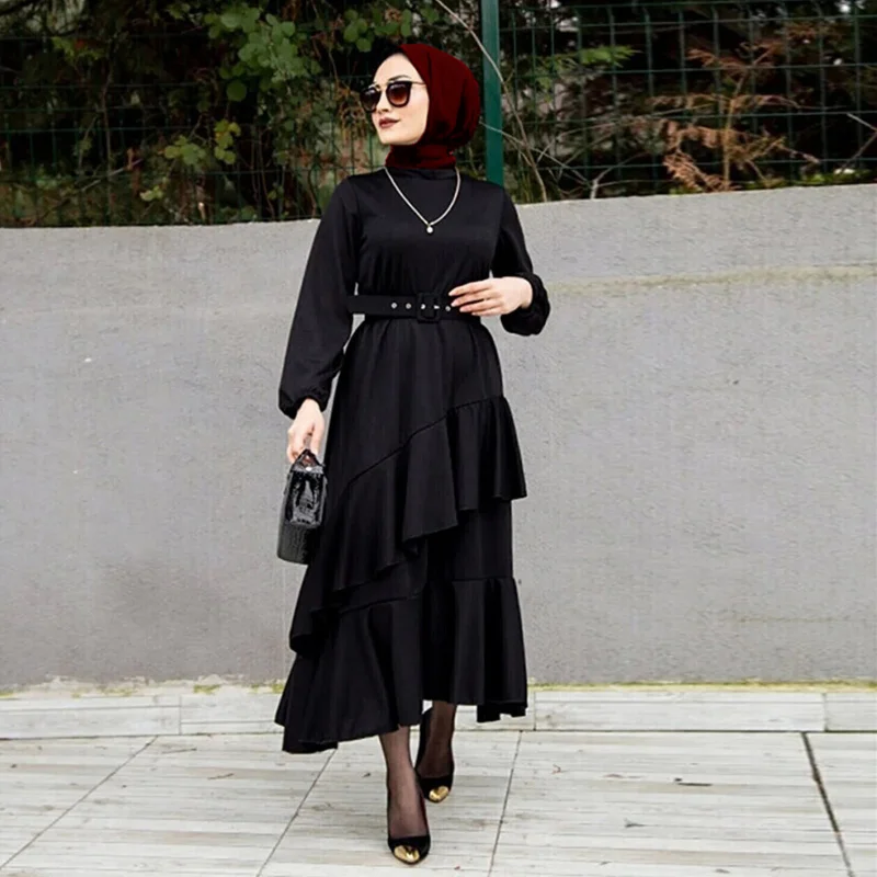 2025 2207 #   Middle East Women's Clothes Hot-Selling Muslim Double-Layer Ruffled Tunic Robe Dress