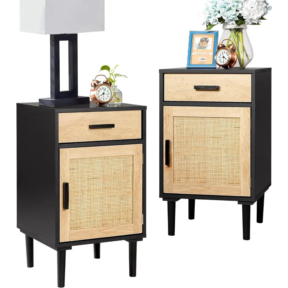 Nightstands Set of 2, Night Stand, Bedside Table Set of 2 with Drawer and Shelf, Hand Made Rattan Decorated Doors