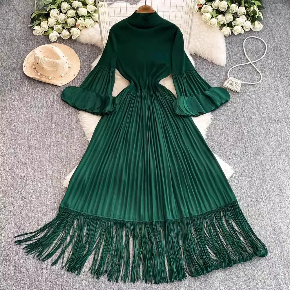 Elegant Spring Miyake Pleated Long Dress 2025 New Women Stand Collar Petal Sleeve High Elastic Tassel Loose Party Clothes Robe