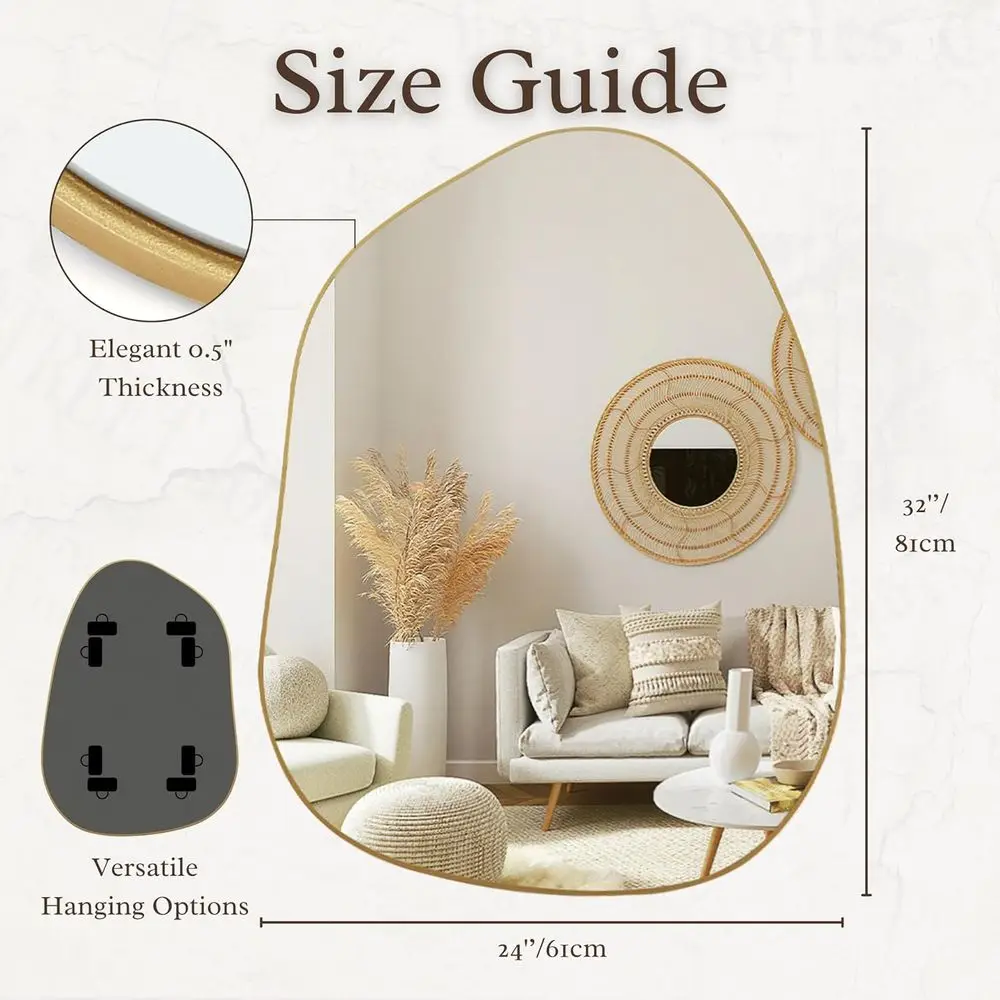 مرآة حائط غير متناظرة باللون الذهبي مقاس 32 × 24 للديكور الحديث في الحمام وغرفة النوم وغرفة المعيشة والمدخل #3