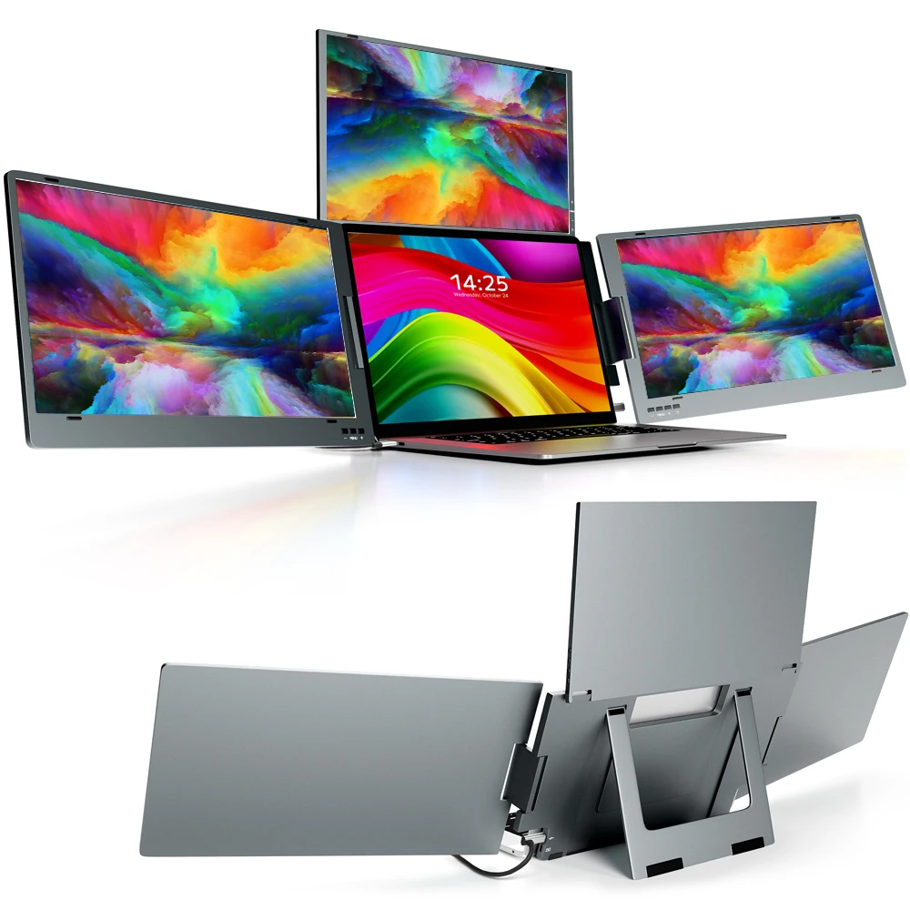 

Trible-Screen 14" Portable Office - Foldable Triple Monitor Setup with Laptop, 1 Cable for All