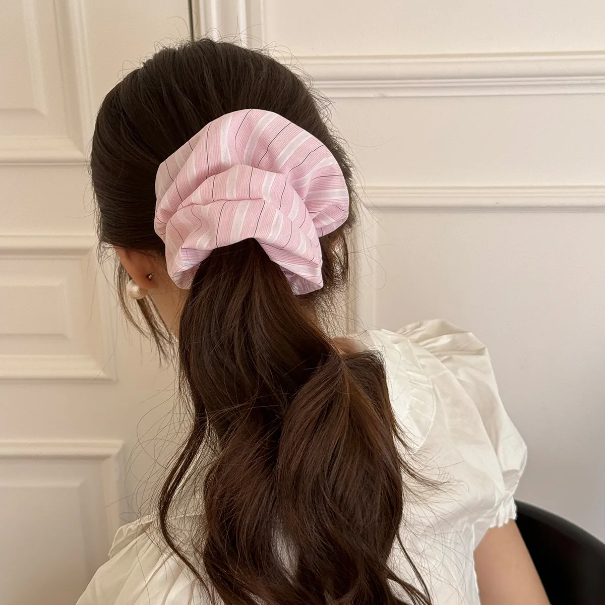 Damen Scrunchies Niedliche Haargummis für den Dickdarm, koreanische gestreifte, geschwollene Haargummis, großer dicker Darm, Kawaii-Haargummis, Mädchenartikel