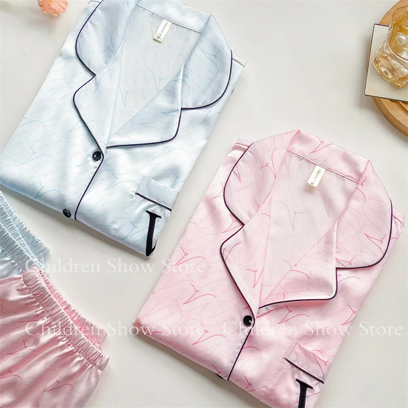 Princess Style Pajamas Lady Shirt&pants Luxury Print Letter Nightwear Ice Silk Trousers Suit 2Pcs Long Sleeve Homewear Sleep Set