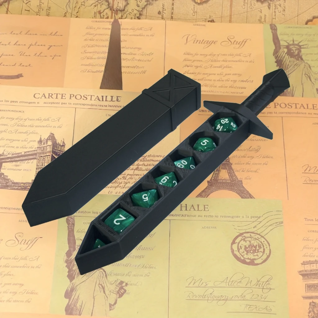 A set of RPG Dice Sword Kit suitable for tabletop games, made of ABS material with an anime-style design, featuring standard 22m