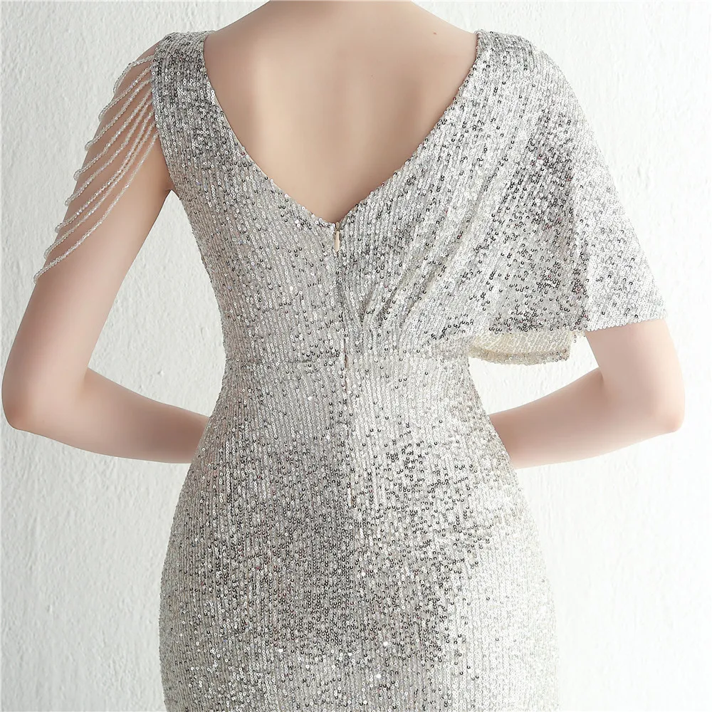 DEERVEADO Cap Sleeves Silver Sequins Evening Dress Long Elegant Party Dresses for Women 2023 Formal Occasion Dress Prom Gown