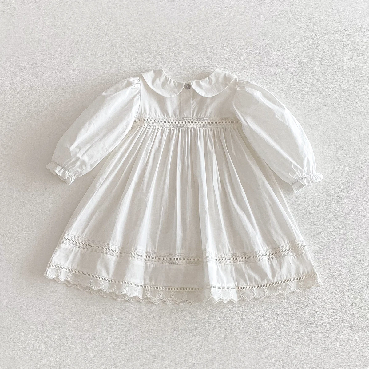 1-7Yrs Casual Mädchen Kleid Frühling Kinder Kleidung Baumwolle Spitze Süße Peter Kragen Weiß Baby Mädchen Gestickte Prinzessin Party Kleider – Detail 5
