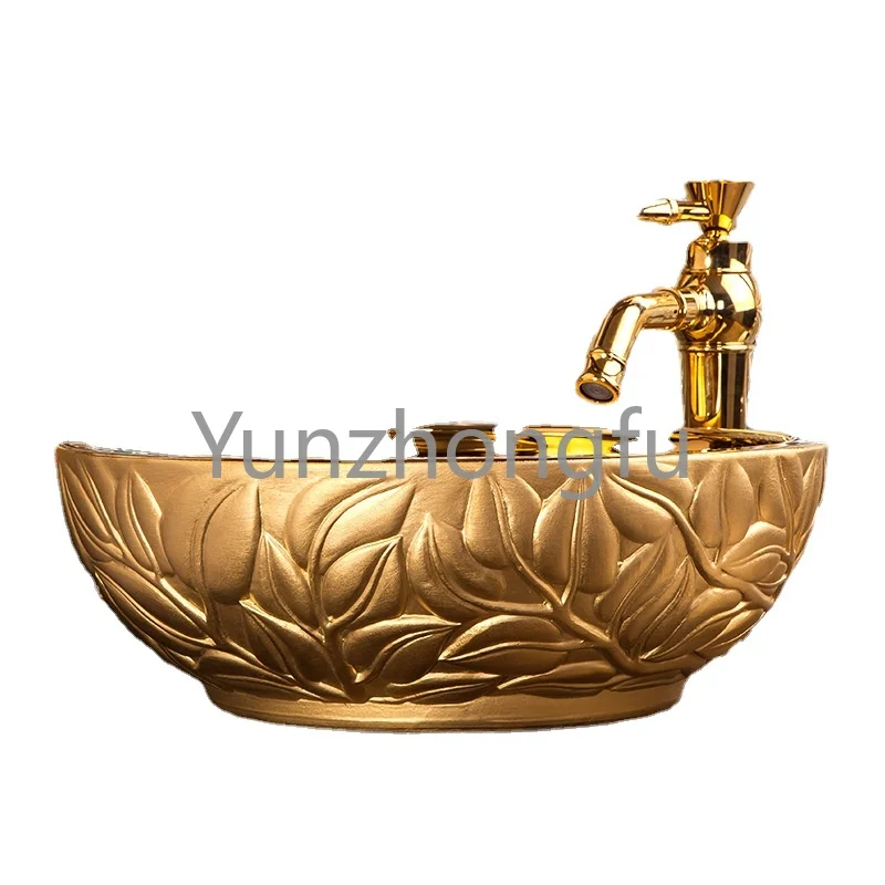 

Bathroom Sink Porcelain Material Golden Carved Art Ceramic