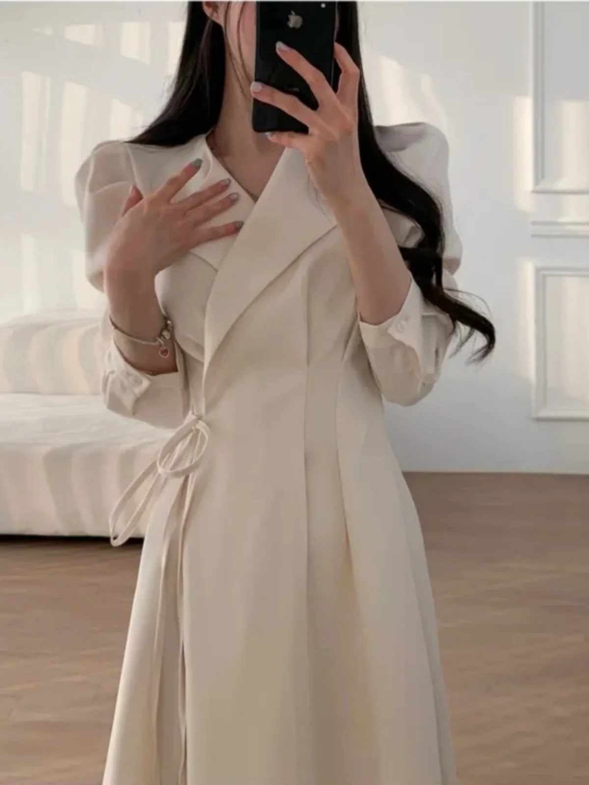 

Spring Faion Women's Long Sve Bubble Sve Dr Waist Cinched Cross Belt Design High Waist A-Line Midi Skirt Korean Sle