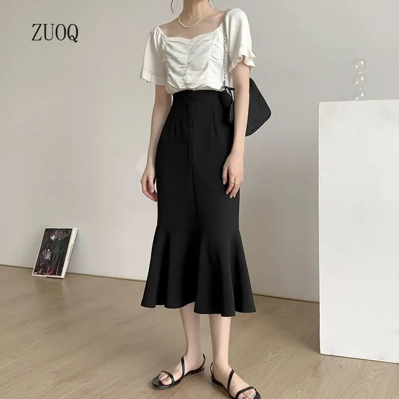 

Lotus Leaf Edge Skirt Women's 2026 Summer New Solid A-shaped Fishtail Skirt High Waist Black Skirts Woman