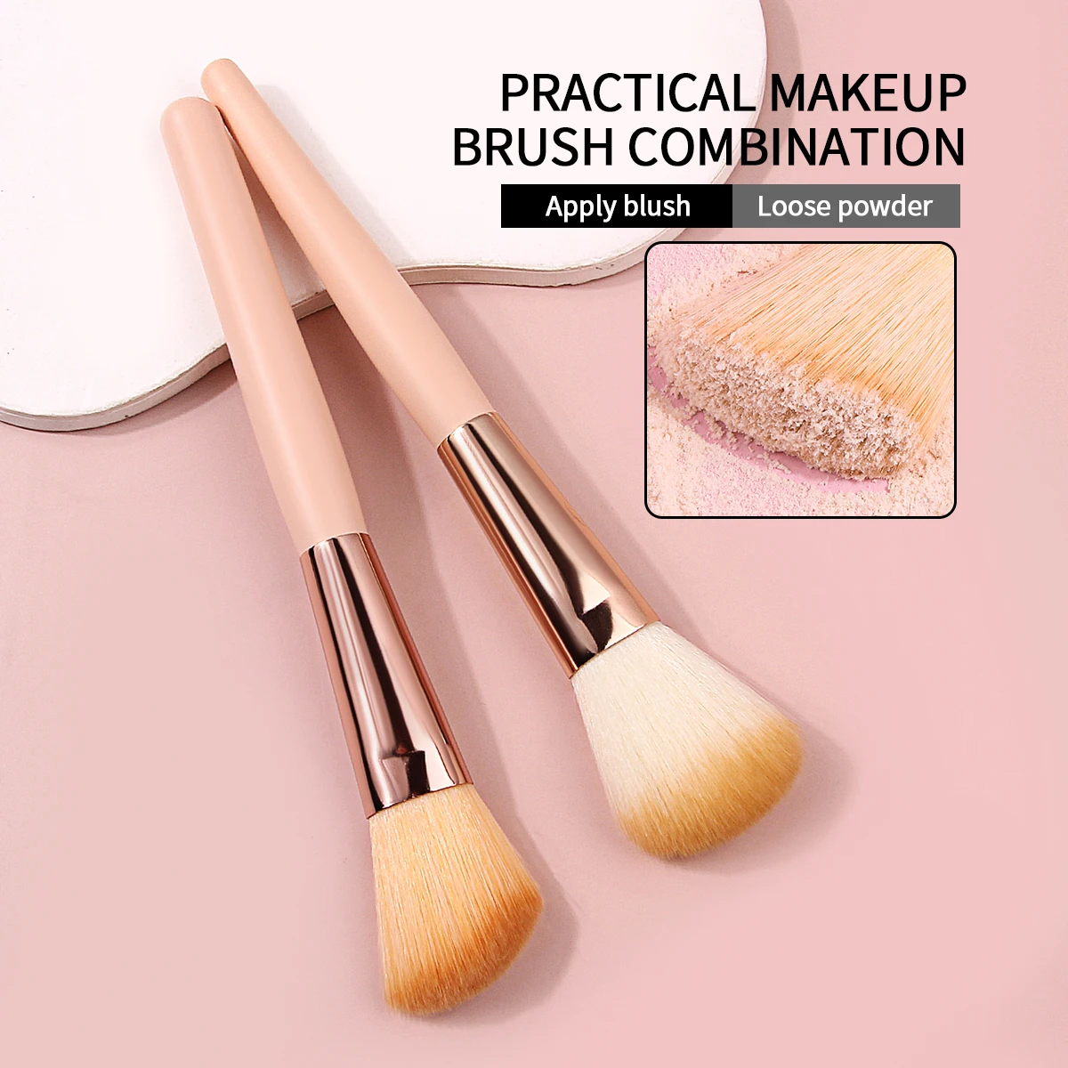 Pennello per fard in polvere smussato a testa tonda a setole morbide con manico in legno da 2 pezzi, uno strumento multiuso per pennelli per trucco viso per principianti